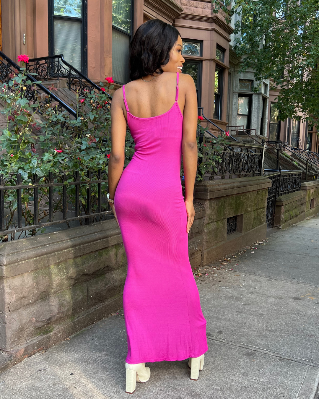 Pink ribbed maxi dress top