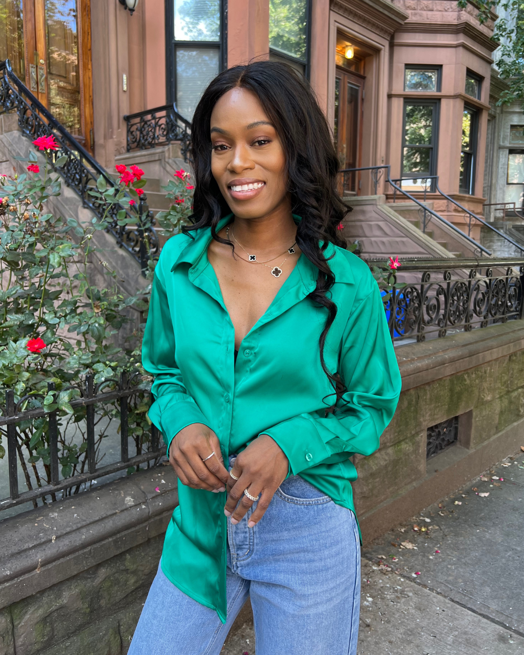 green button front shirt