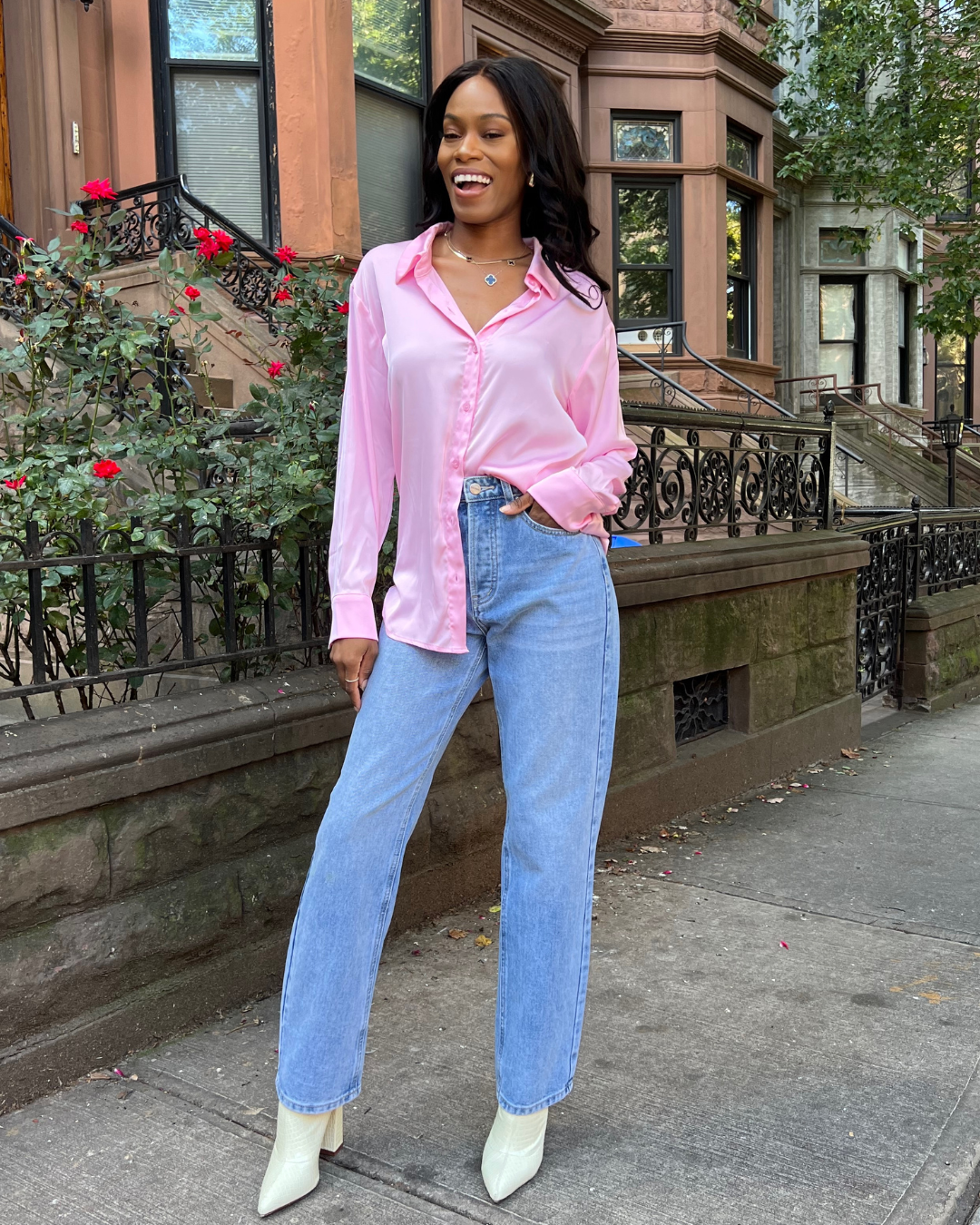 pink button front shirt