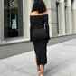 off the shoulder long sleeve midi dress