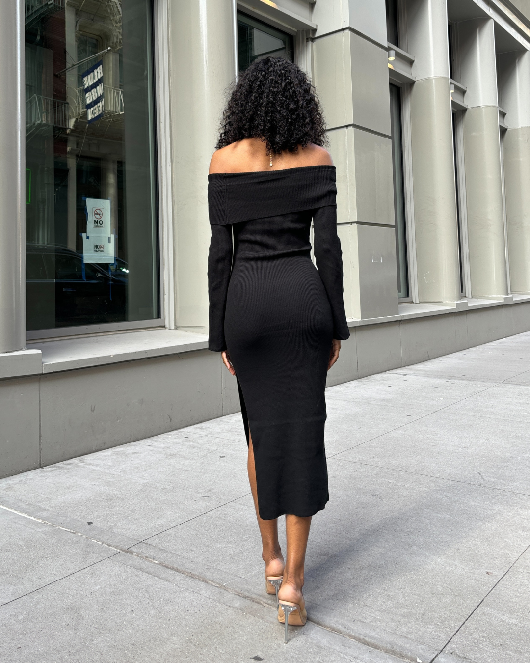 off the shoulder long sleeve midi dress